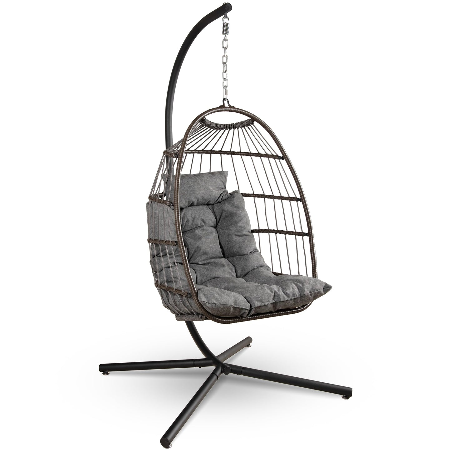 SereneLife Foldable Egg Chair with Stand, Hanging Rattan Wicker Swing for Indoor Outdoor Use, 159kg Capacity, Breathable Cushion & Headrest, Patio