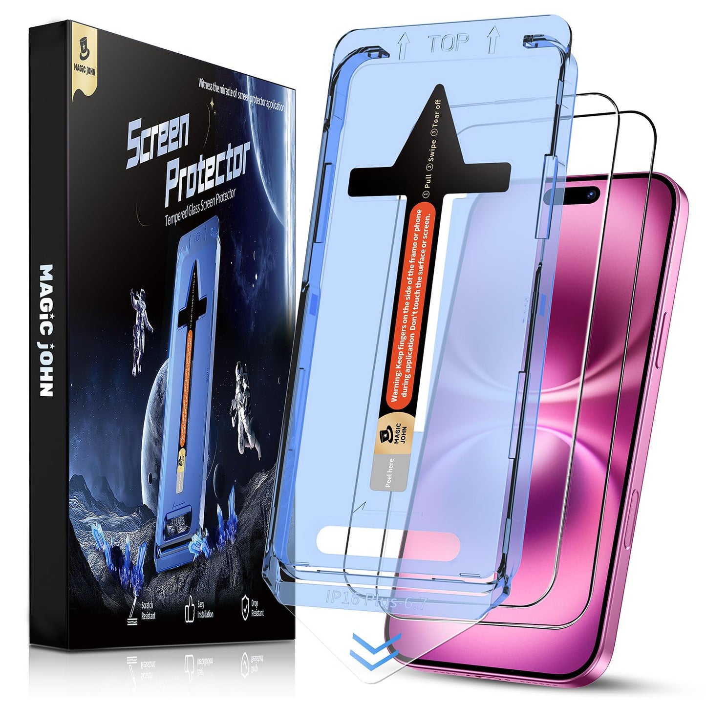 MAGIC JOHN 2 Pack for iPhone 16 Plus Tempered Glass Screen Protector 6.7 inch, Auto Dust-Elimination Installation, Bubble Free, Dynamic Island