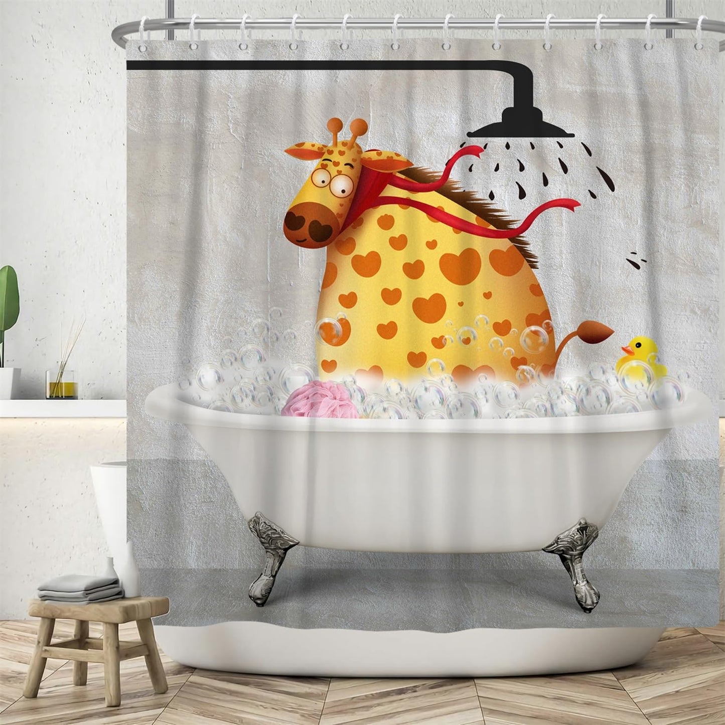 ASDCXZ Funny Shower Curtain 180x180 cm, Vintage Background Funny Giraffe Bathing Duck Kids Bath Washable Shower Curtains Polyester Textile Waterproof