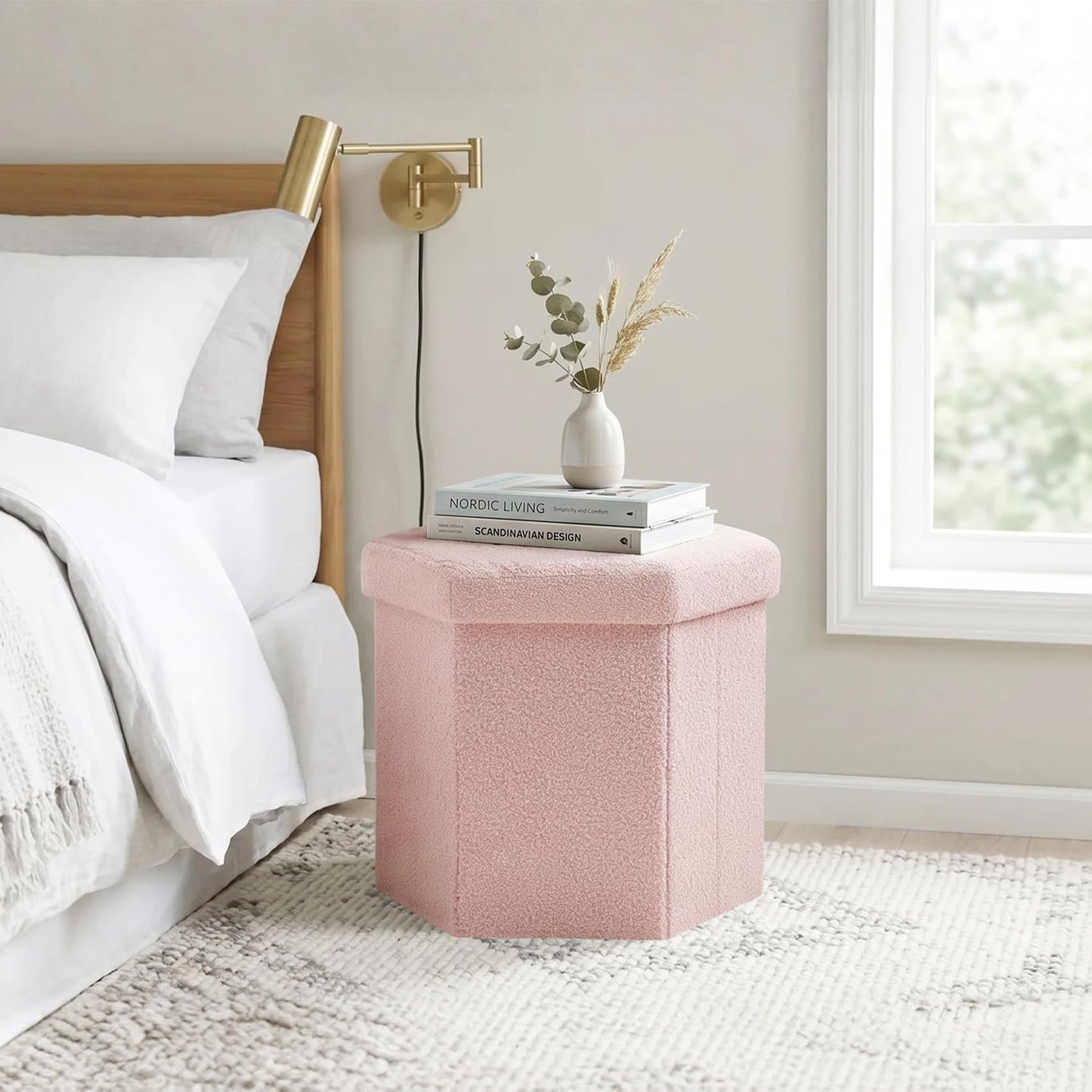 PINPLUS Boucle Ottoman Storage, Hexagonal Foldable Footrest, Pink