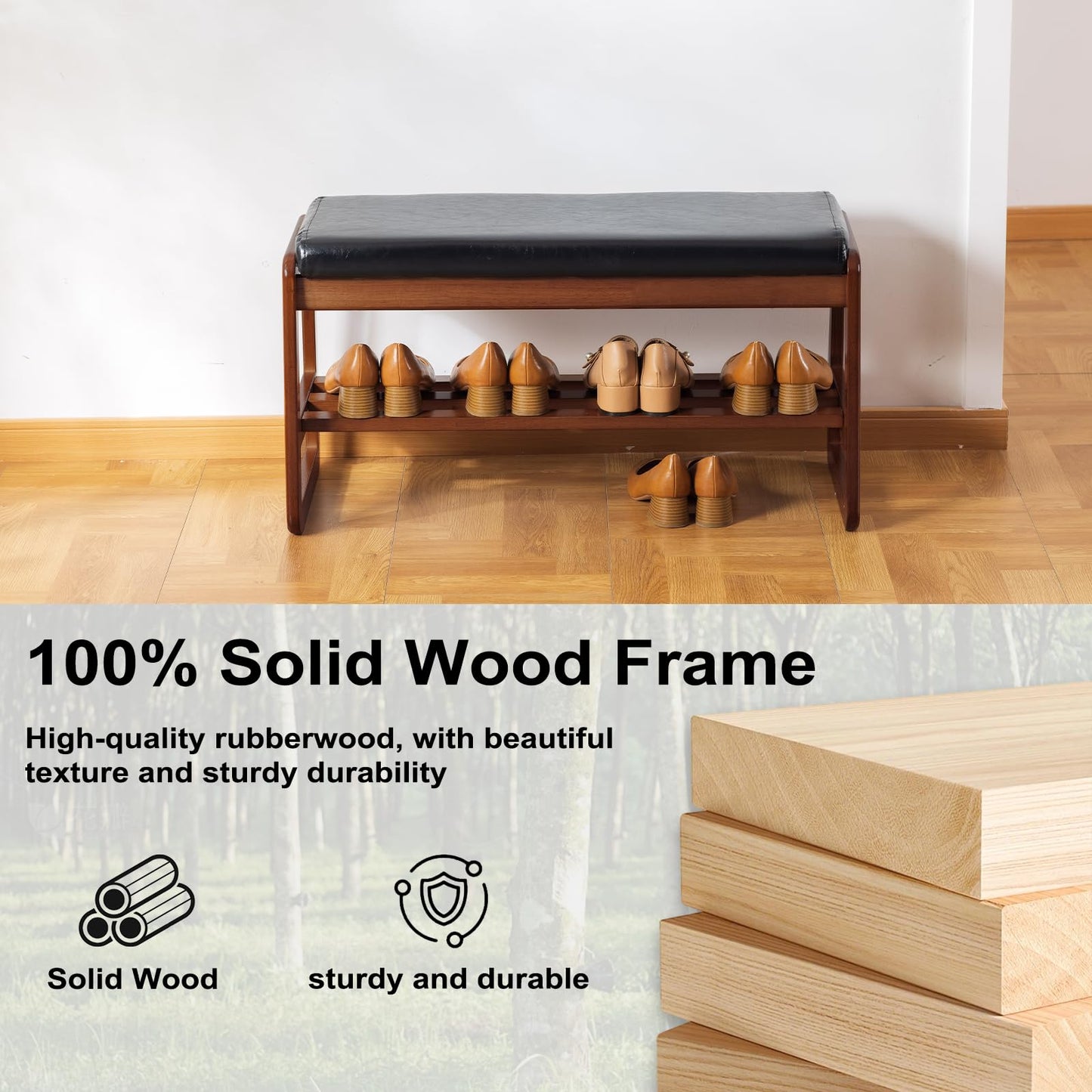 SOBIBO Solid Wood Shoe Bench, 2-Tier Wooden Storage Entryway Bench, Mid-Century Modern Shoe Bench Rack
