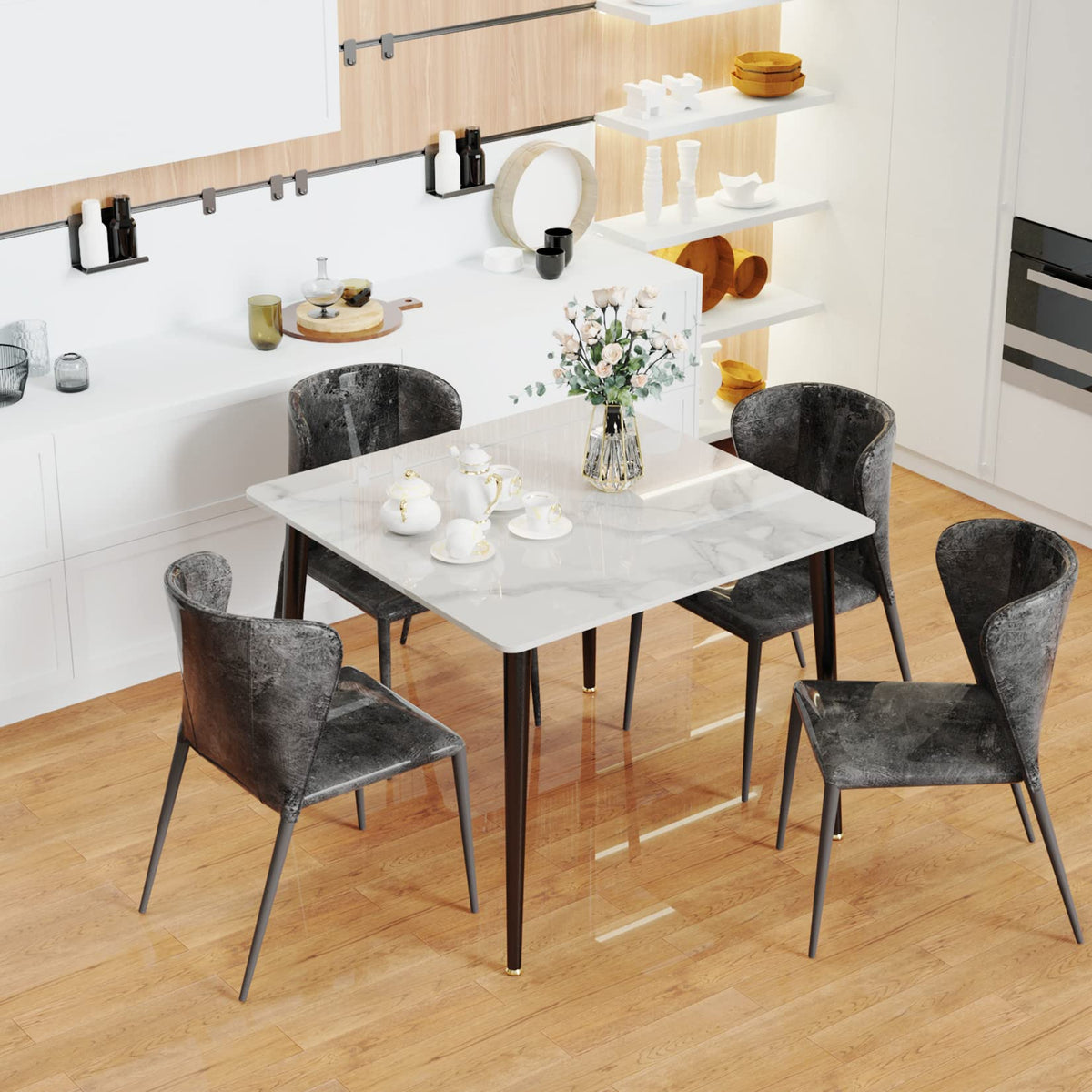 Kitchen Dining Table Marble Tabletop: Square 80cm Contemporary Sintered Stone White Pattern High Gloss Marble Top Dinner Tables 4 Seater with Tapered