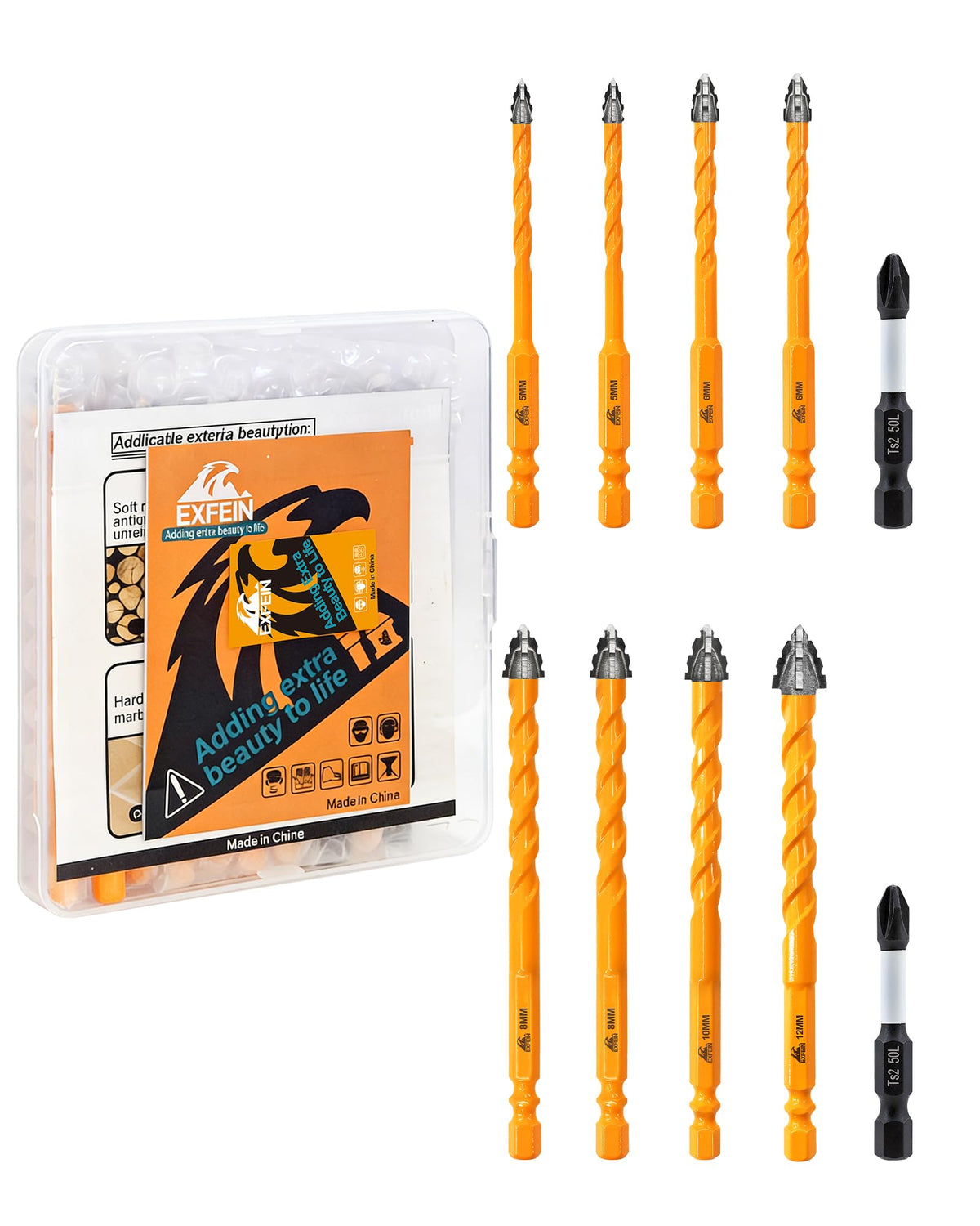 Upgraded Masonry Drill Bits Set 5*2/6*2/8*2/10/12mm, EXFEIN Serrated Drill Bits Set - 8-Piece Carbide Drill Bits and 2-Piece Magnetic Screwdriver Bits