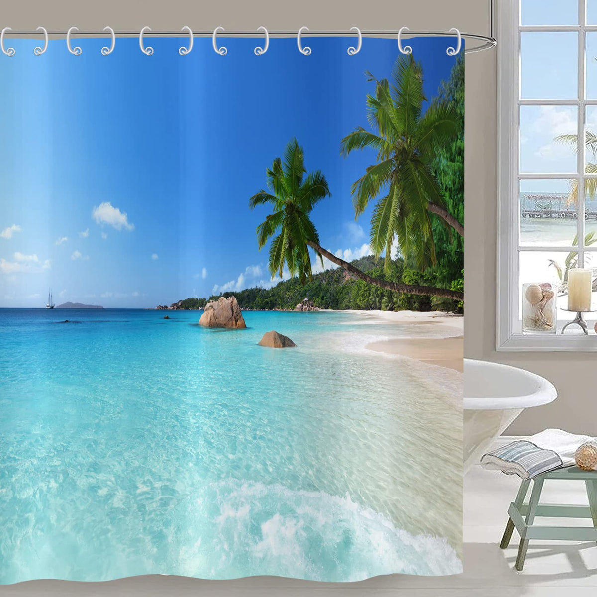 Hnmdmyi Ocean Beach Shower Curtain 180x200, Tropical Palm Trees Seaside Island Blue Sky Hawaiian Landscape Bathroom Curtains with Hooks Waterproof