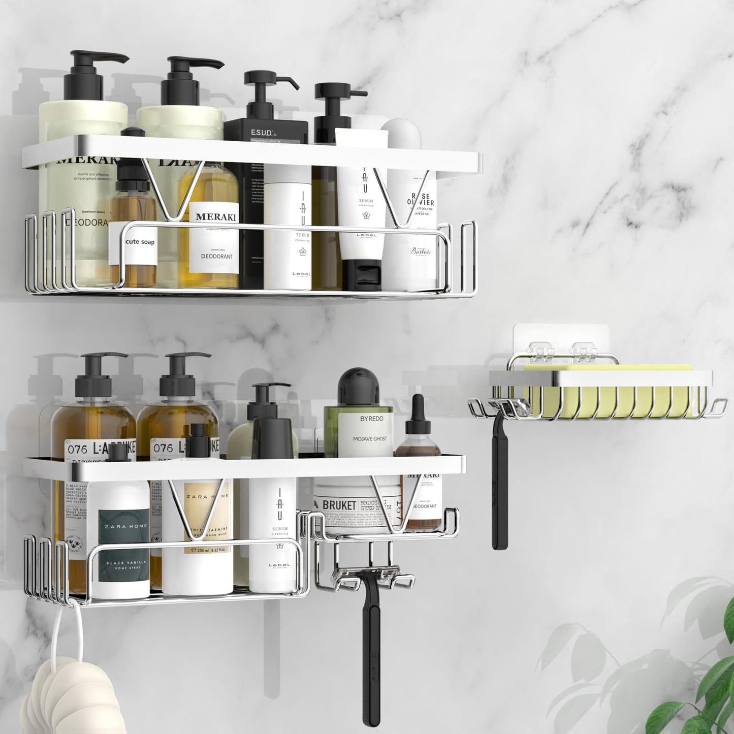 Kegii Shower Caddy Organiser with Soap Holder, Shower Shelf No Drilling, Adhesive Shower Storage Kitchen Rack, Bathroom Shower Accessories Tidy,