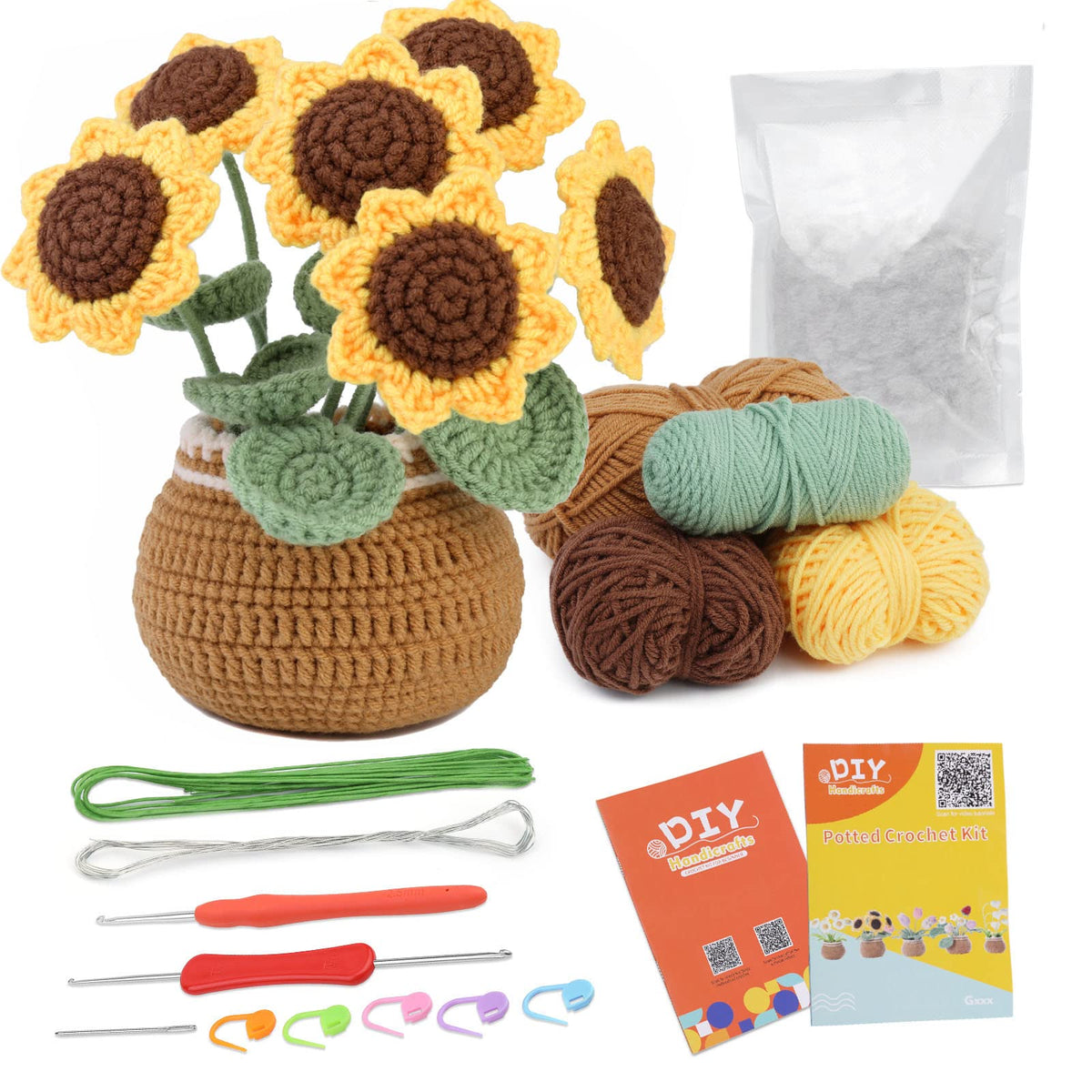 Namner Crochet Kit for Beginners, Sunflower Crochet Starter Kit, Knitting Kit, with Crochet Hooks, Polyester Fiber Filling, Stem Wire, Stitch Markers,