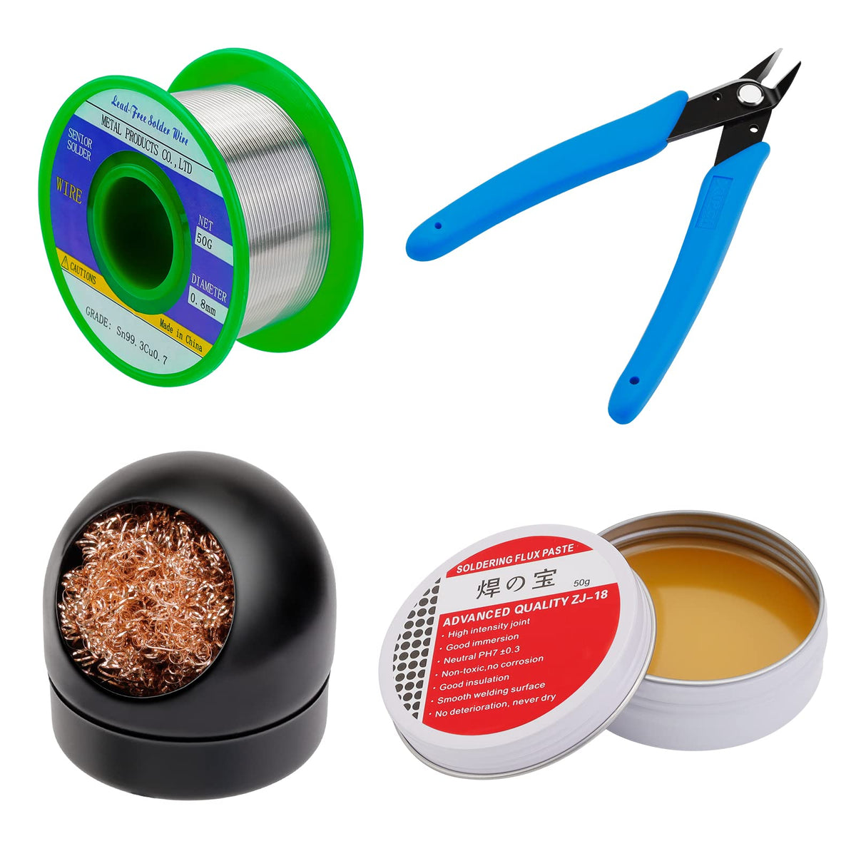 Gruiqrd Solder Flux Paste, Solder Wire Lead Free, Soldering Iron Tip Cleaner, Micro Shear Wire Cutter Pliers, 4 PCS Solder Tool Set, Soldering Iron