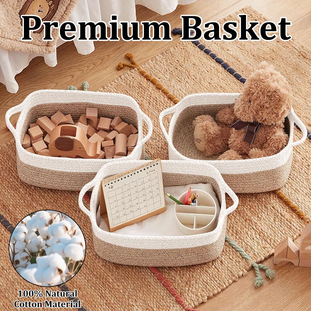 Jonuin Cotton Rope Storage Baskets, 3 Pack 32x22x14cm Storage Baskets for Shelves, Small Woven Storage Baskets for Organizing Towels