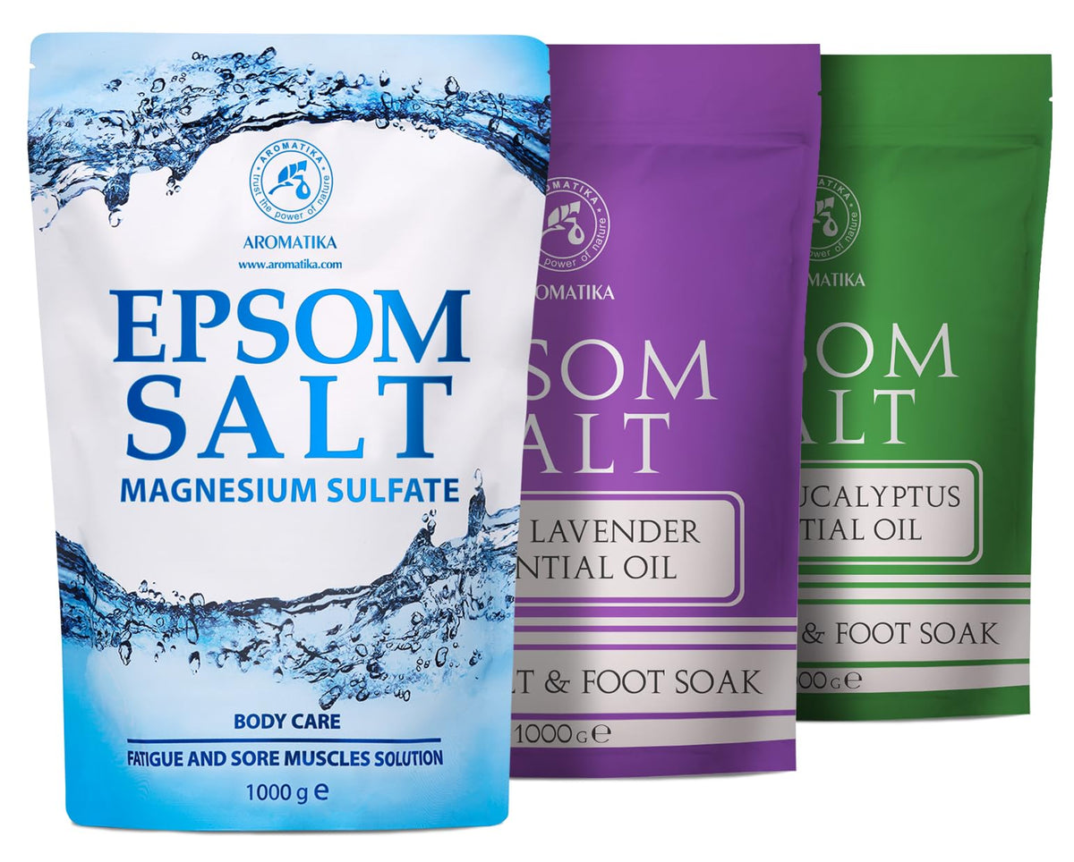 Epsom Bath Salt Set 3?1000 g - Epsom Salt - Epsom Salt with Eucalyptus & Lavender Essential Oils - Pure & Natural - Concentrated Magnesium Sulphate -