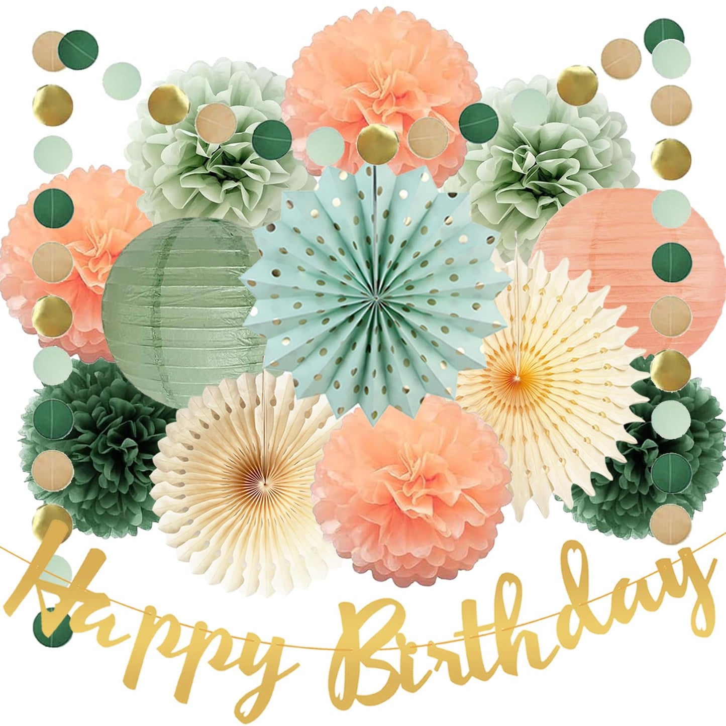 Sage Green and Peach Birthday Decorations - Olive Tissue Paper Pom Poms, Paper Lanterns, Gold Happy Birthday Banner for Sage Green Peach Baby Shower