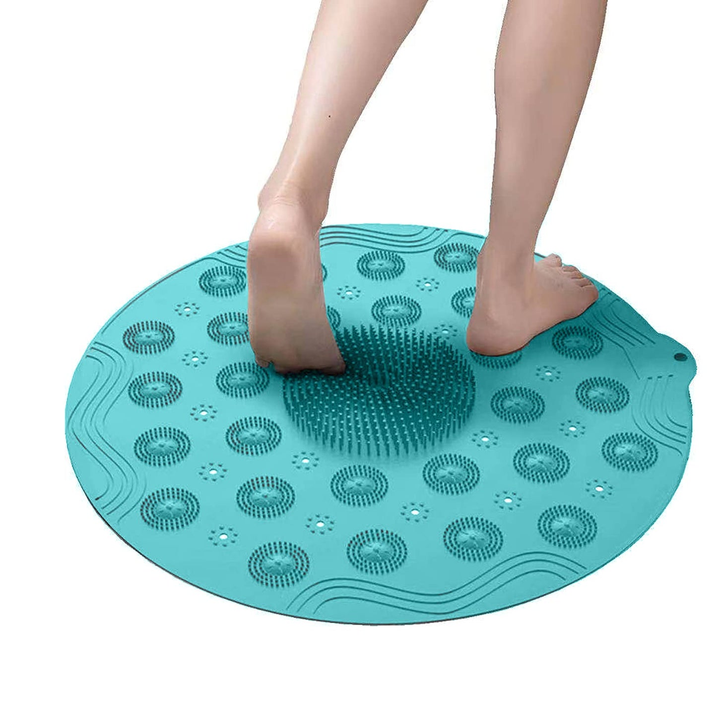 KAITOER Round Shower Mat, Non Slip Bath Mat with Suction Cup, Size 18.1x18.1 inch (46 x 46 cm) Soft Shower Mats with Drainage Hole, Silicone - Blue