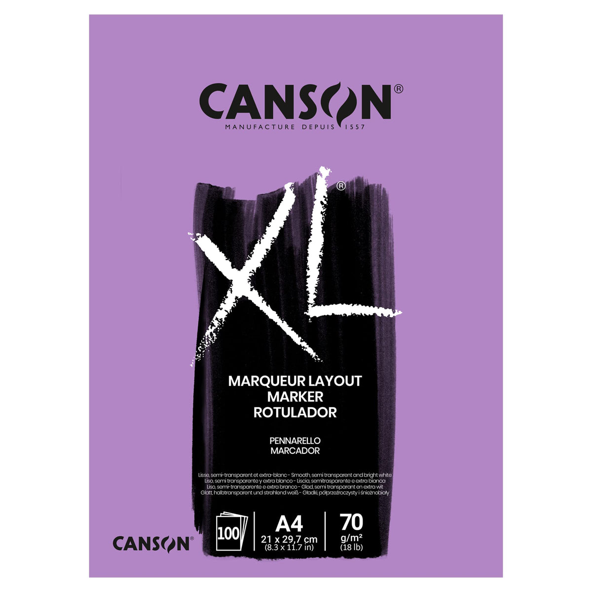 CANSON XL Marker 70gsm A4 Paper, Very Smooth, Pad Glued Short Side, 100 Extra White Sheets, Ideal for Professional Artists & Illustrators