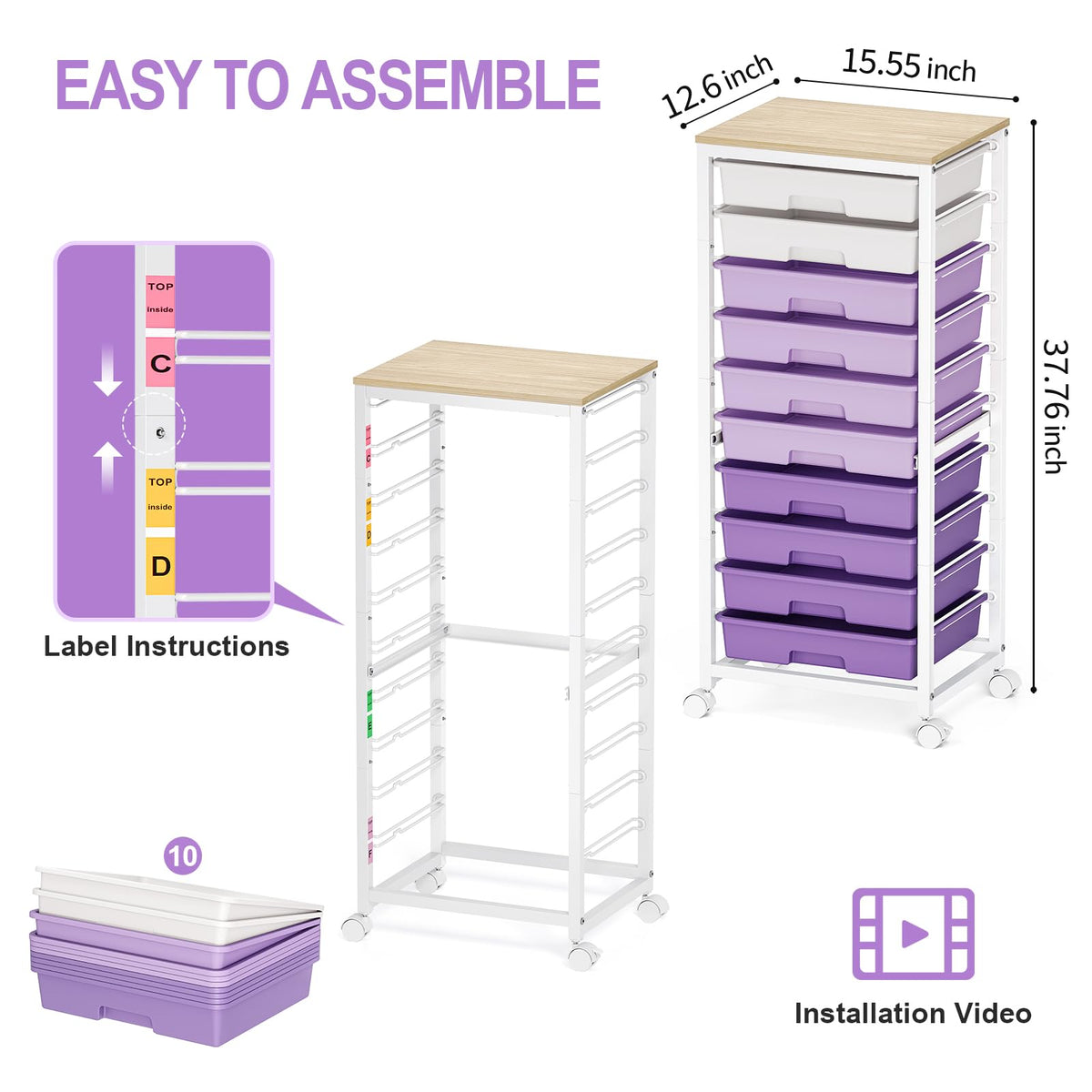 SYKIARIOL 10-Drawer Storage Trolley Rolling Cart with Wooden Top, Purple