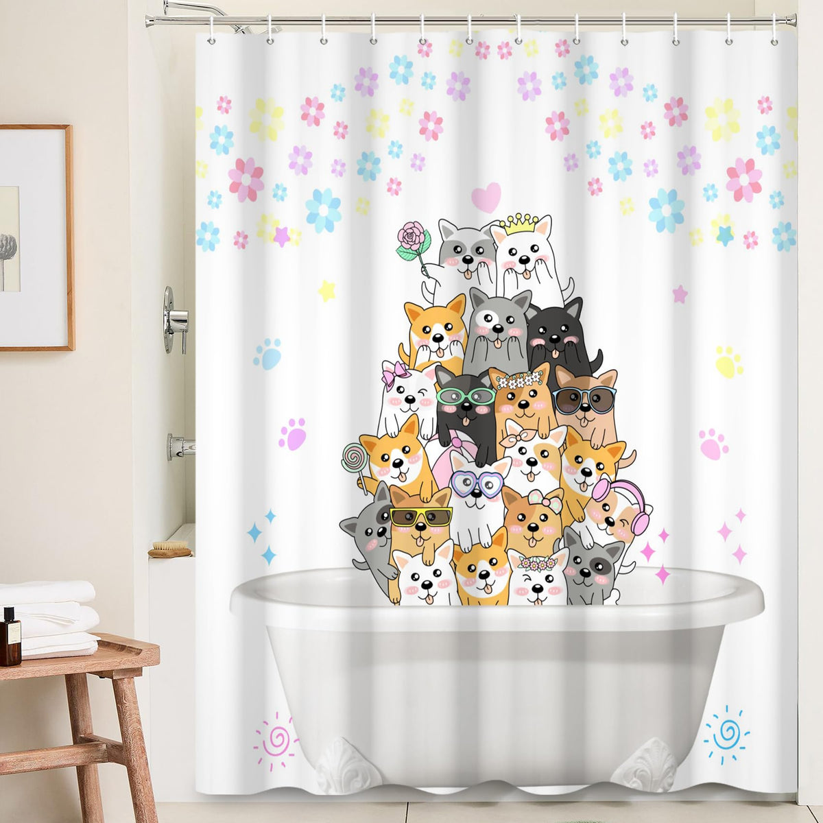Ttincceer 71x71inch Cute Dog Shower Curtain Puppy Party Funny Animal Bath Curtain Beloved Pet in Bathtub Colorful Flower Shower Curtains Waterproof