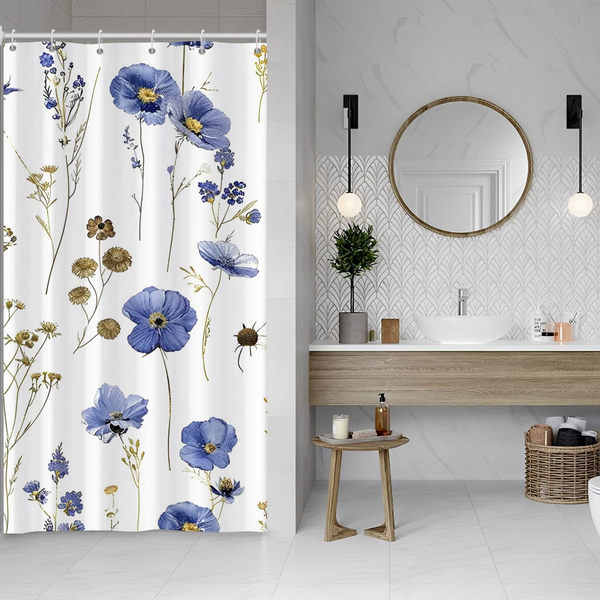 ASDCXZ Flowers Shower Curtain 120 x 180 cm, Spring Watercolour Blue Flowers Plants White Bathroom Washable Narrow Shower Curtains Polyester Textile