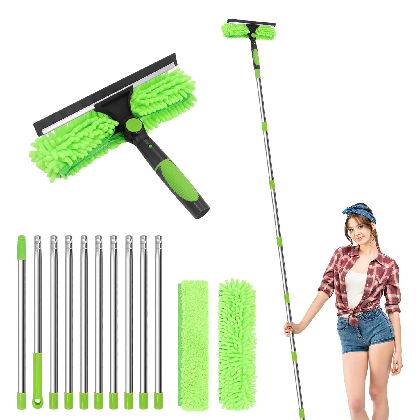 DingGreat 4 Meters Extendable Window Cleaning Kit, 2-in-1 Telescopic Window Cleaner with 180? Rotatable Head, Professional Window Squeegee & 2