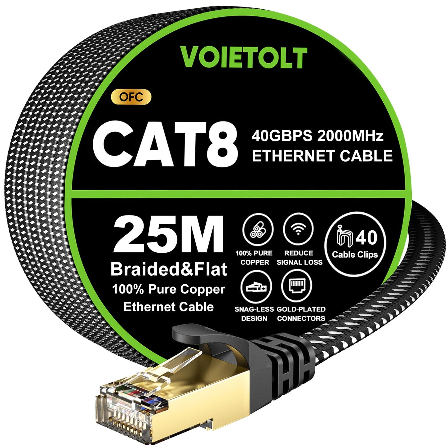 VOIETOLT Cat 8 Ethernet Cable 25M, High-Speed 40Gbps/2000Mhz Flat Braided Internet Cable, Gigabit STP RJ45 Network Cable Compatible for PS4/5, for
