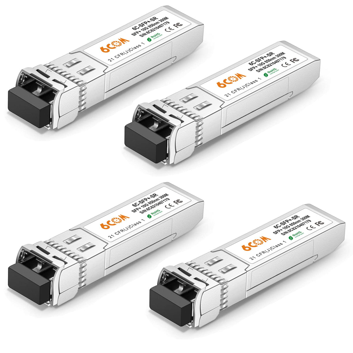 6COMGIGA [4 Pack 10GBase-SR SFP+ Transceiver, 10G 850nm LC Multi Mode Module, up to 300M Compatible with Cisco SFP-10G-SR, Meraki, Ubiquiti UF-MM-10G,