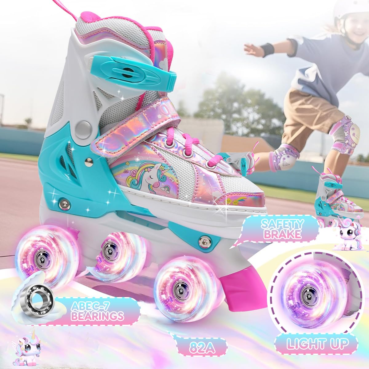 OLYSPM Kids Roller Skates,Roller Boots,4 Sizes Adjustable Quad Skates with 9 Flashing Wheels,Roller Skates for Girls,Boys and Beginner(Pink)