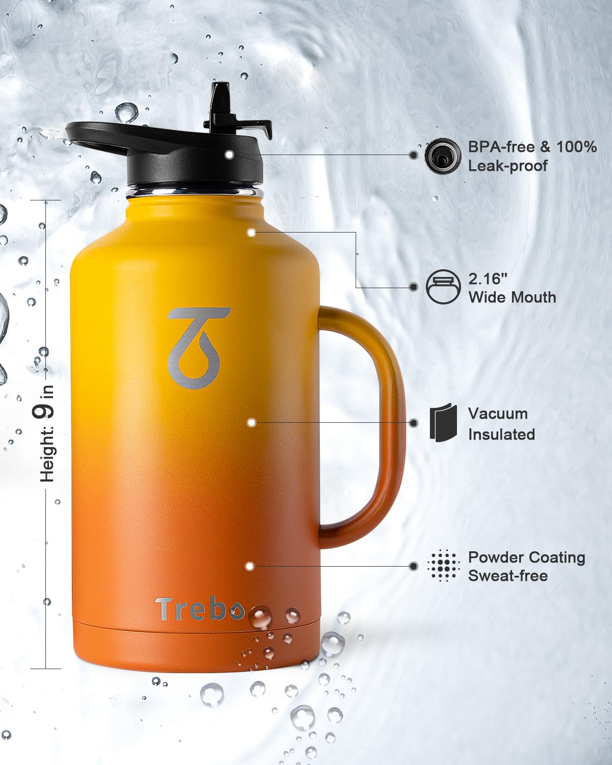 Trebo Insulated Water Bottle 2L, Stainless Steel Water Bottle 2L Metal Bottle 2L with Handle Metal Large Jug Travel Flask with Straw Spout Lid Mug