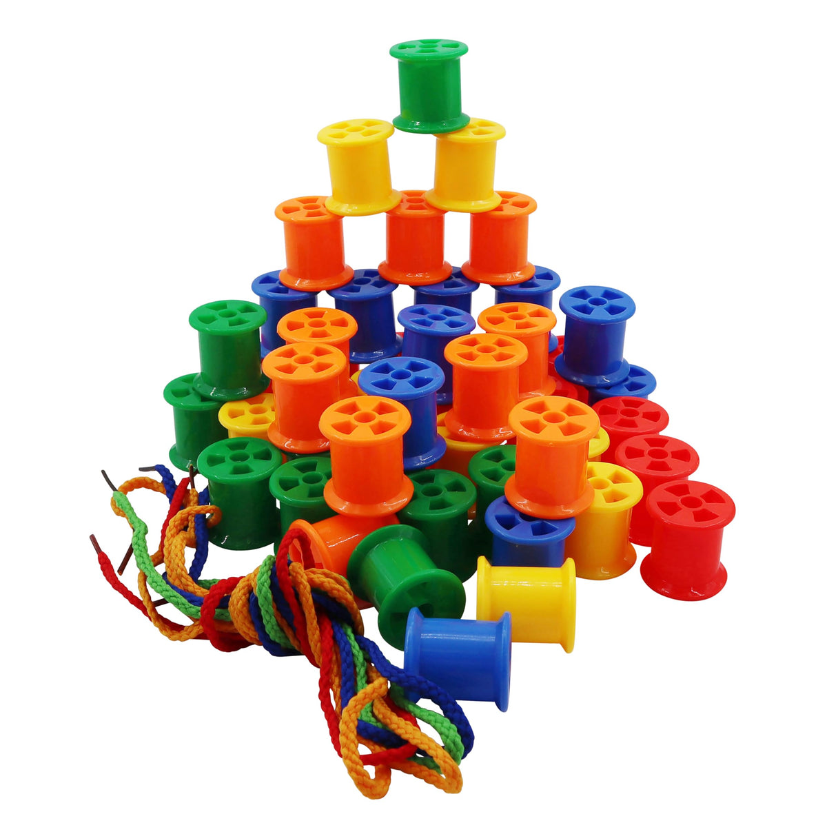 Colourful plastic cotton reels | Pack of 50 | Assorted colours | Includes 5 coloured laces