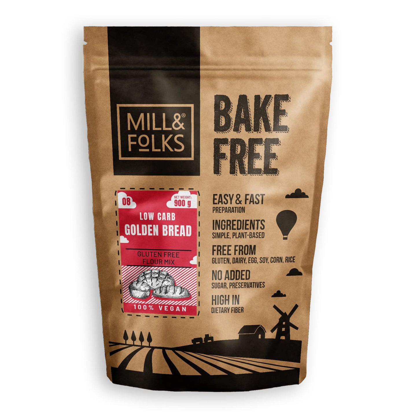 Mill & Folks Bake-Free Low Carb Golden Bread Flour Mixture 900g | Vegan & Gluten-free