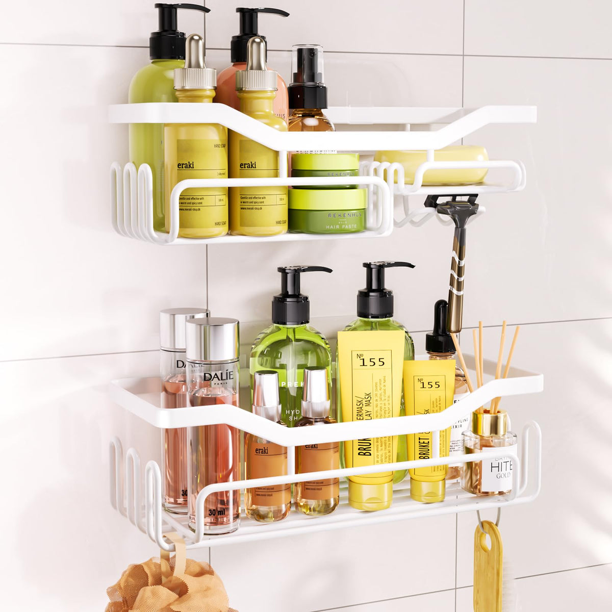 HapiRm Shower Caddy Bathroom Shelf with Soap Dish Holder, Shower Shelf No Drilling with 11 Hooks for Hanging Razor, Shower Ball, Towel, Rust Proof