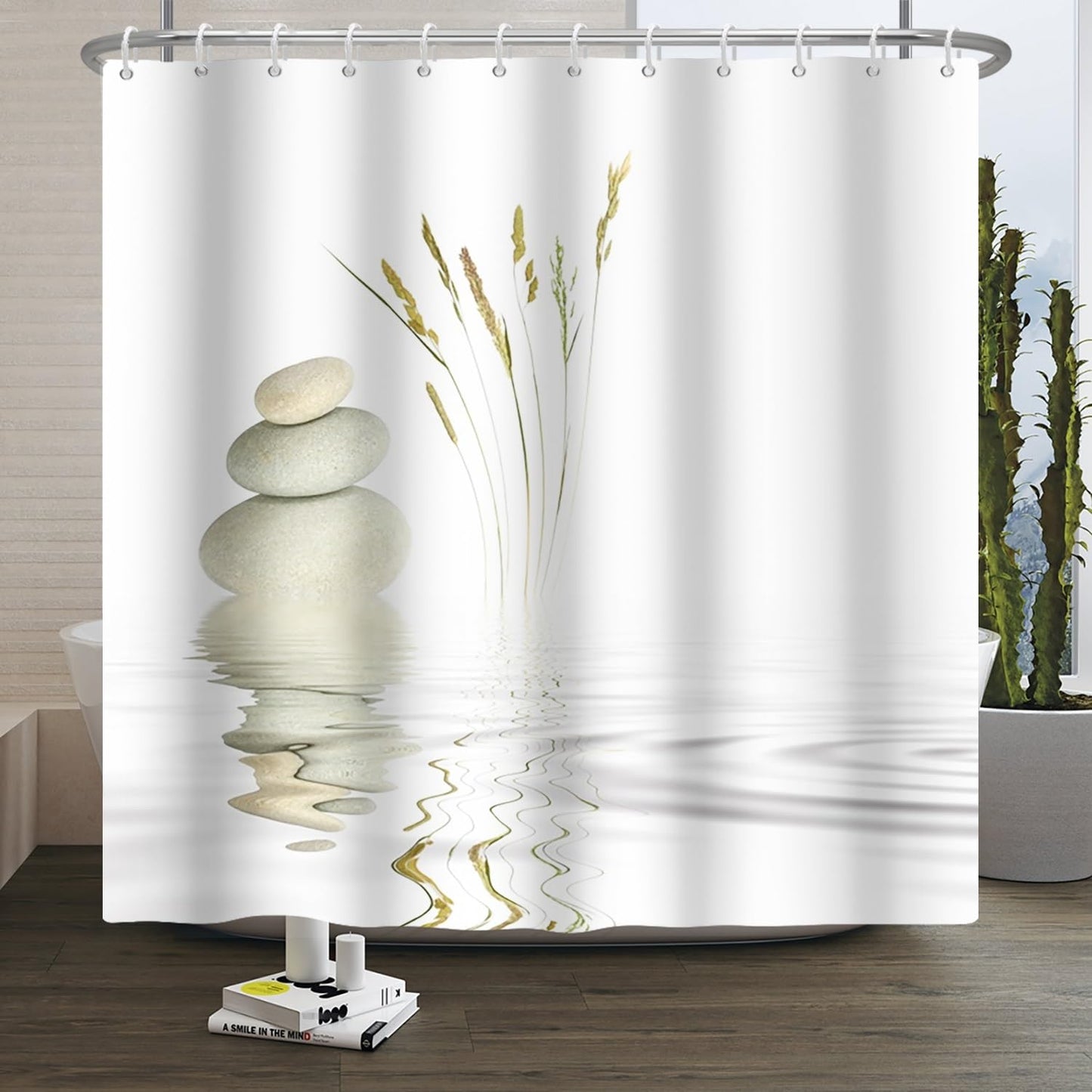 Xiaoterna Spa Garden Shower Curtain Wild Grass Reflection in Water Meditation Bathroom Curtain Rustic Spa Stone Water White Shower Curtain Machine