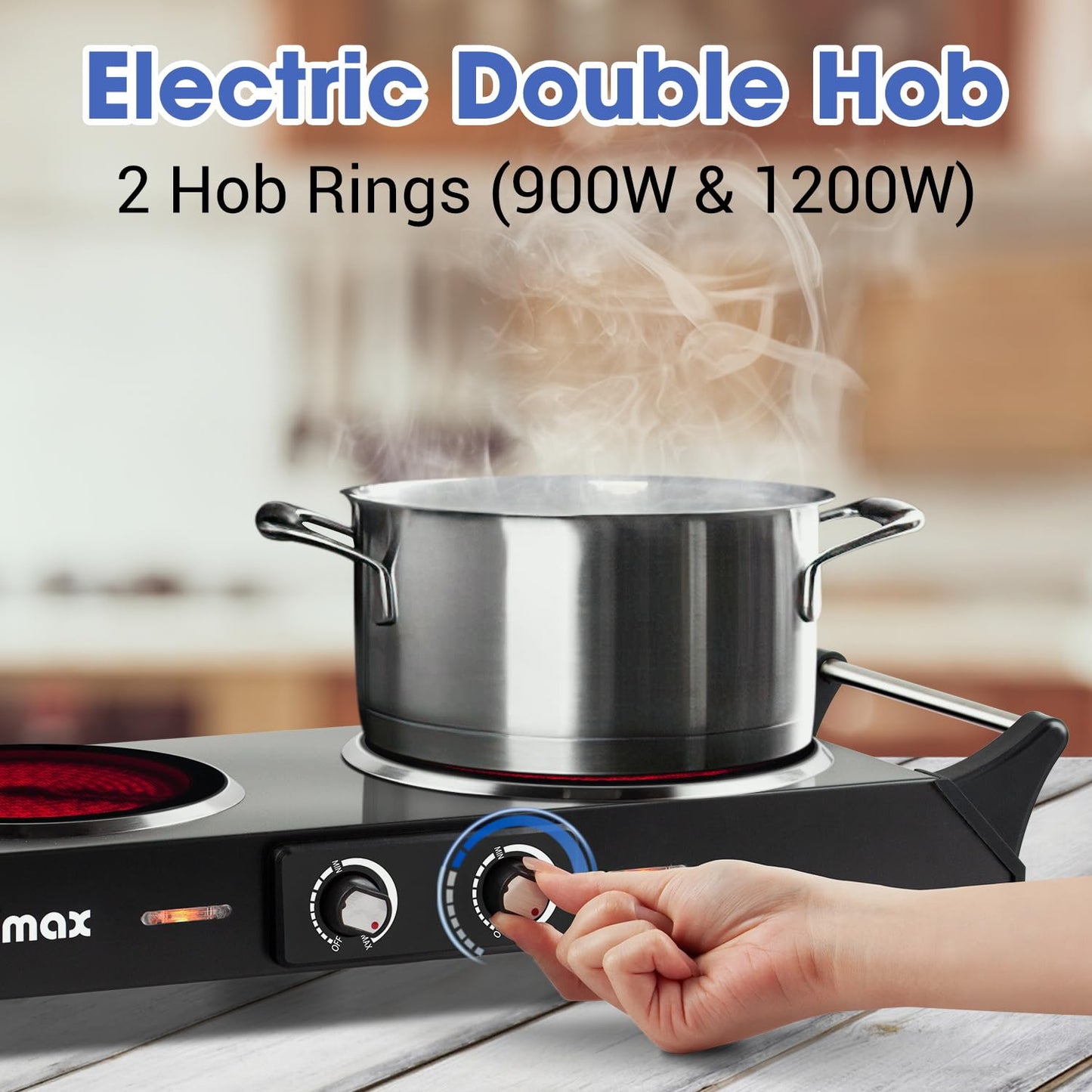 CUSIMAX Electric Hob, Hot Plates for cooking Portable Double Hob with Handles Infrared Cooktop & Dual Temperature Control, 2 Hob Rings (900W & 1200W)