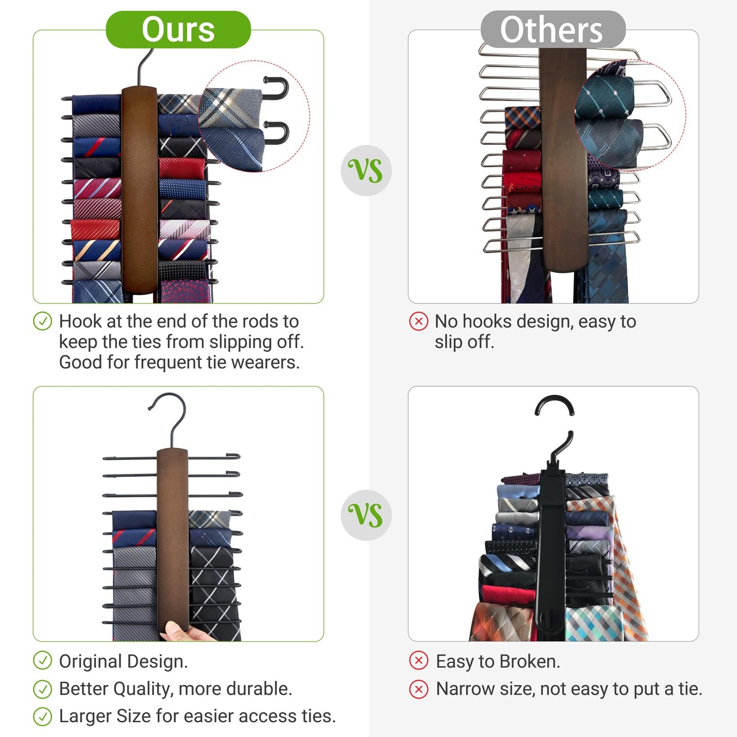 Mkono Wooden Tie Rack Retro Belt Storage Hanger Organizer for Men Closet Space Saving Rack with 20 Non-Slip Hooks for Ties Belt Scarf Organizer 360