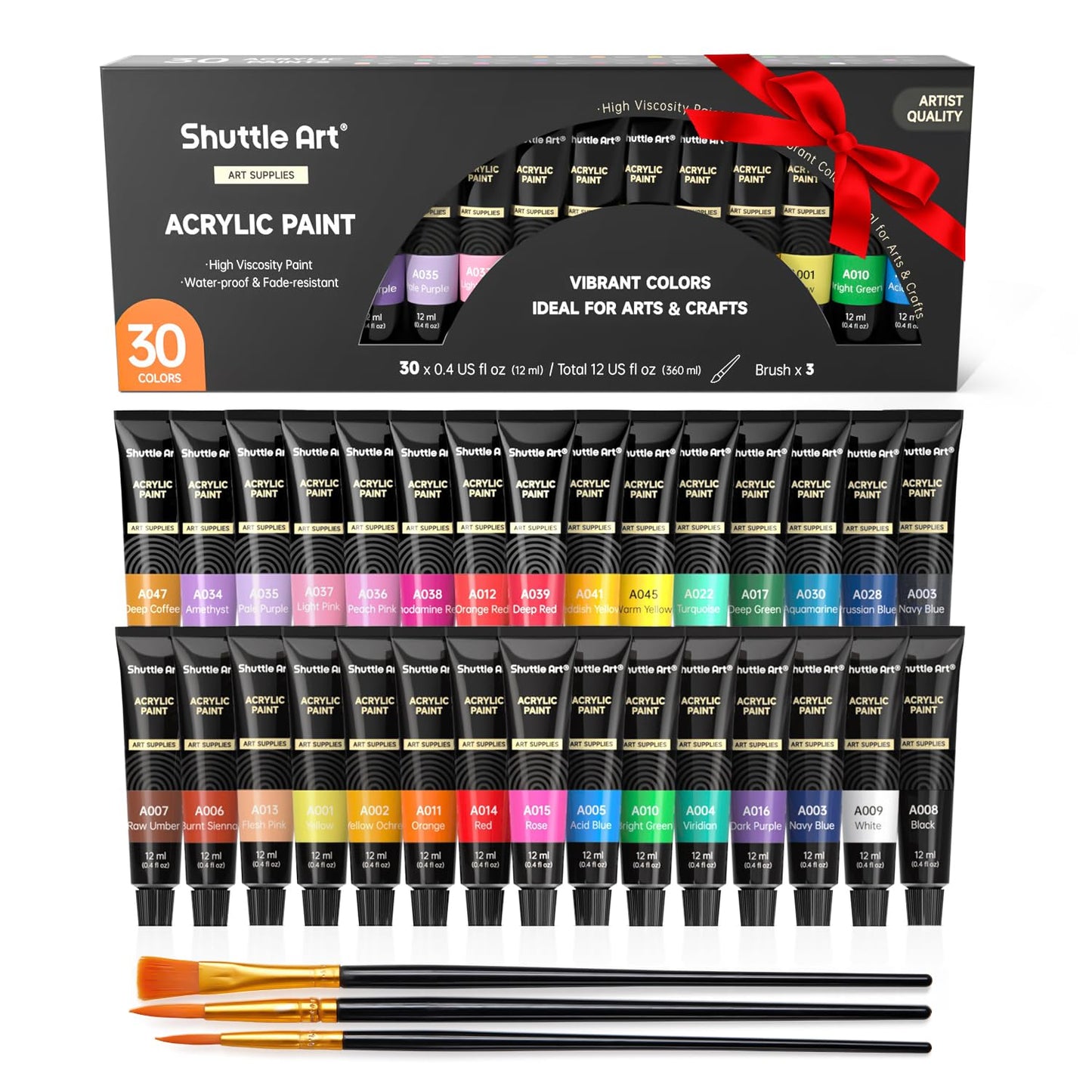 Shuttle Art Acrylic Paint Set, 30 x12ml Tubes Craft Paints for Children, Acrylic Paint Kit for Clay, Model, Poster, Rock Painting, Paints for Kids
