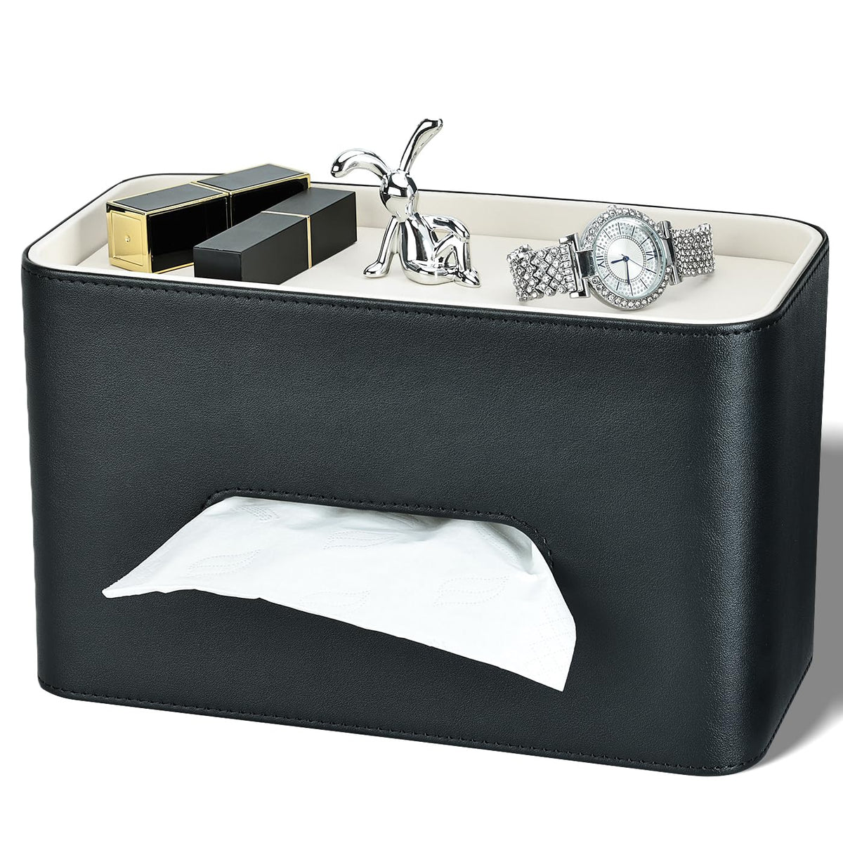 GORESE Tissue Box Holder with Storage Tray, PU Leather Tissue Box Cover Facial Tissue Dispenser for Home, Office, Bathroom, Car Decoration, Napkin Box