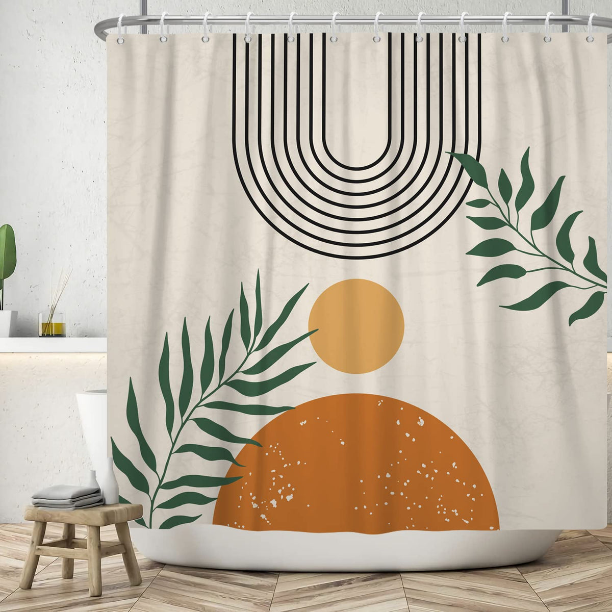 ASDCXZ Boho Shower Curtain 180x180 cm, Modern Abstract Art Green Leaves Orange Sun Line Beige Bath Washable Shower Curtains Polyester Textile