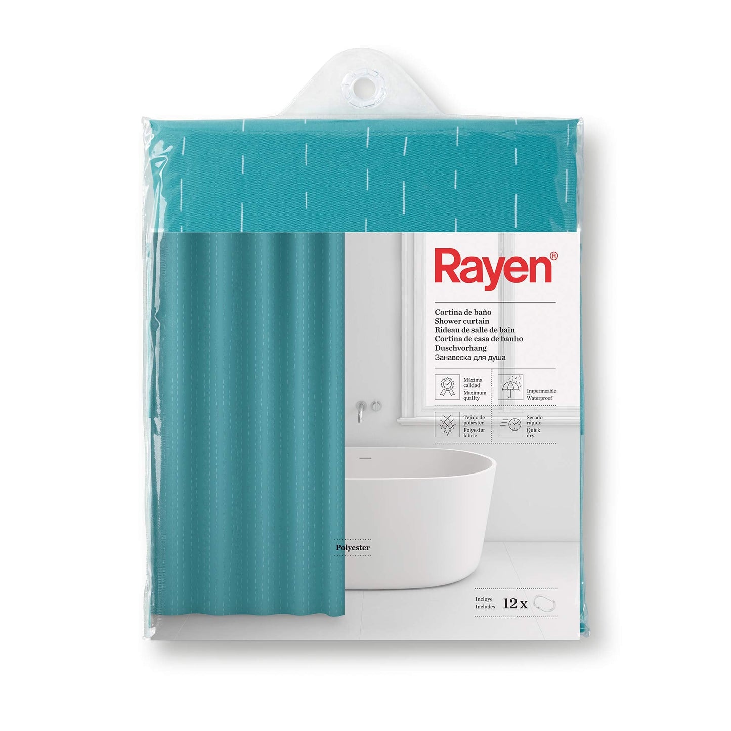 Rayen | Bath Curtains | Shower or Bath Curtain | Waterproof | Polyester | Quick Dry | Opaque | PVC Rings | Includes 12 Hooks | 180 x 200 cm | Blue