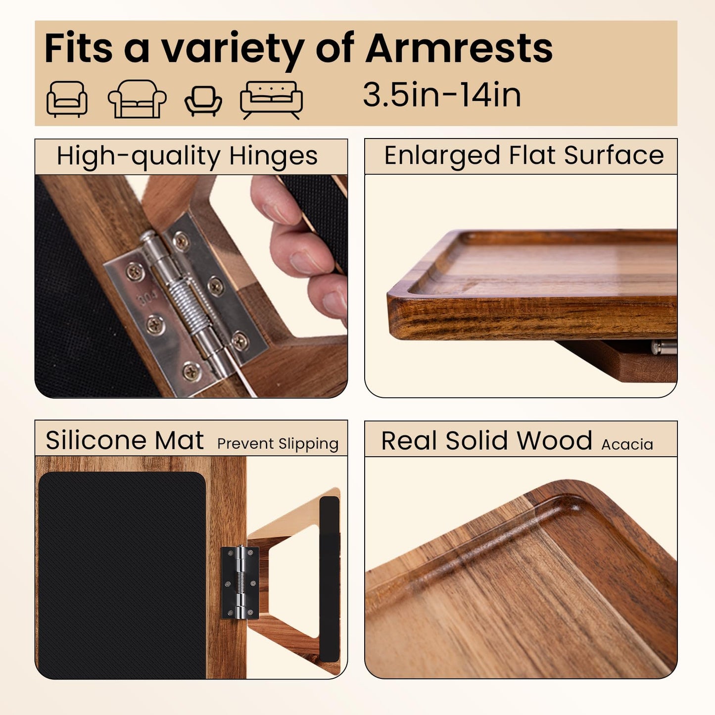 Fibogollo Acacia Wood Sofa Tray,Folding Couch Arm Tray,Sofa Armrest Trays Table Clip-On Couch Desk for Drinks,Snacks,Phone,Remote Control