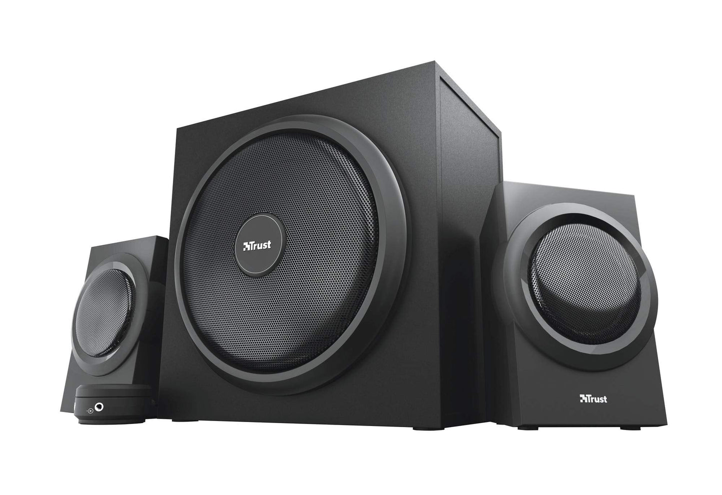 Trust Yuri 2.1 Speaker Set with Wooden Subwoofer, 120W (60W RMS), UK Plug, PC Speakers with Dynamic Bass, Wired Volume Control, Sound System for