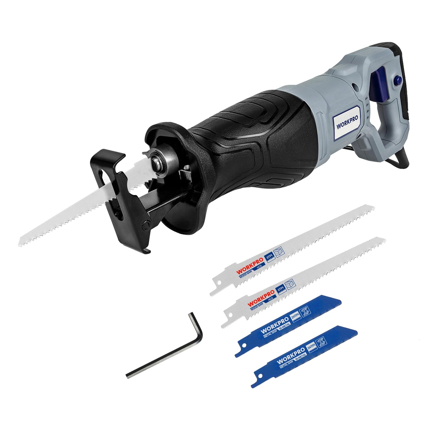 WORKPRO Reciprocating Saw 710W with 4 Blades, 2800 RPM Variable Speed, 20mm Stroke Length, Tool-Free Blade Change, Electric Corded Sabre Saw for Wood
