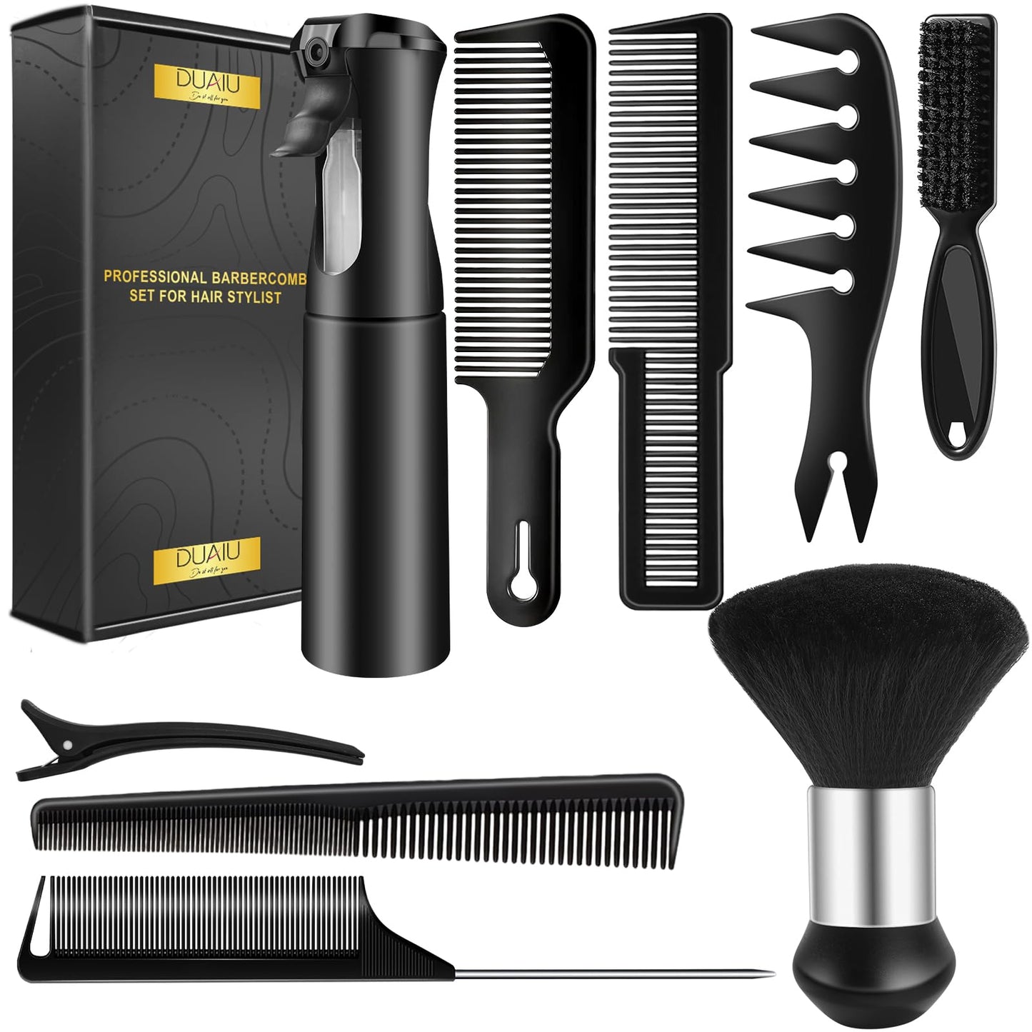 DUAIU 9 Pcs Hair Comb Set Professional Barber Combs for Hair Stylist Premium Hair Cutting Combs with Hair Spray Bottle Neck Duster Brush Texture Comb