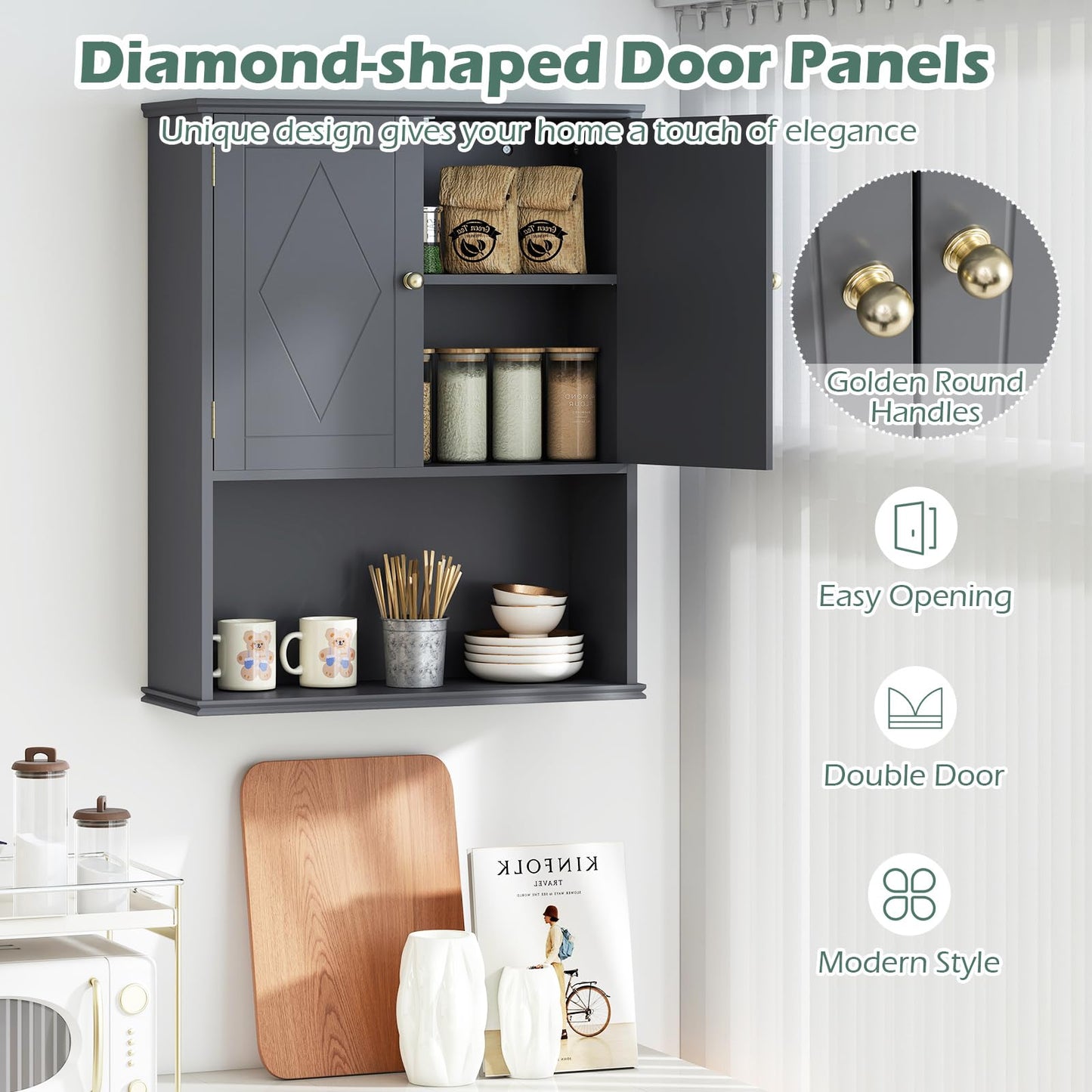 RELAX4LIFE Bathroom Cabinet Wall Mounted, Modern Bathroom Wall Cabinet with 2 Doors and Adjustable Shelves