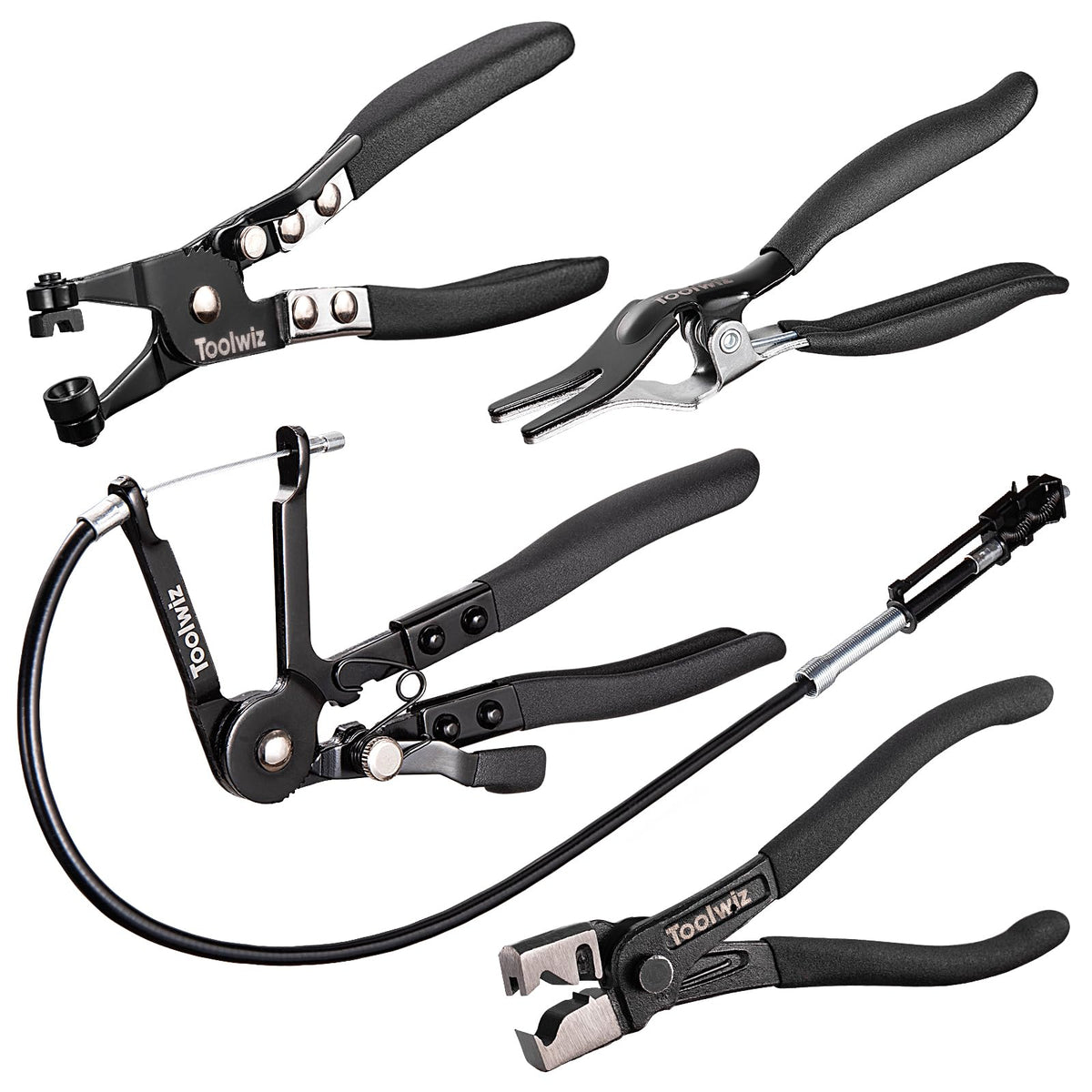 Toolwiz 4 Pcs Hose Clamp Pliers, Hose Clip Pliers Includes 27" Long Reach Wire Spring, Flat Band, Remover, and Clic-R Type Clamp Tool