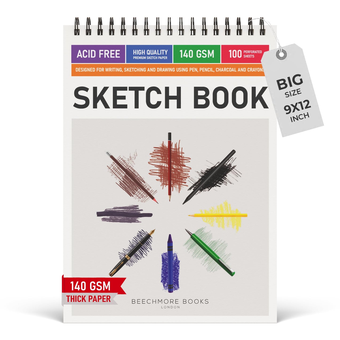BEECHMORE BOOKS 9x12 Sketchbook ? 140 GSM Acid-Free Paper, 100 Perforated Pages, A4 Art Sketch Pad for Drawing & Sketching, Artists, Kids & Adults