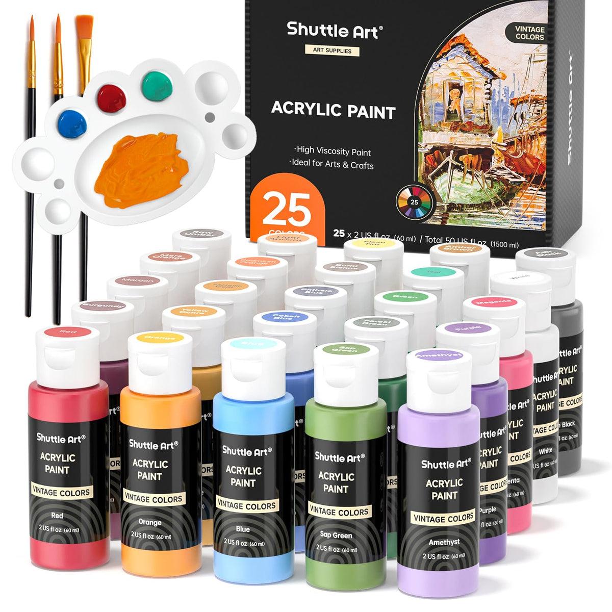 Shuttle Art Acrylic Paint Set, 25 Vintage Colours, 2oz/60ml Bottles, Rich Pigmented, Premium Acrylic Paints for Artists, Beginners and Kids on Rocks
