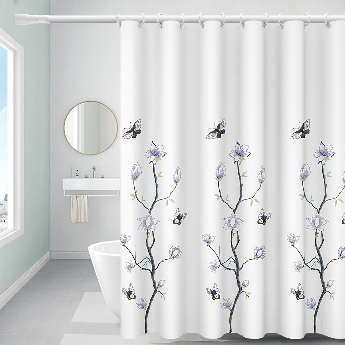 FSZhenZuan Shower Curtain 180 x 180 cm Drop Water Repellent Anti Mould Wet Room Shower Curtain with Hooks Washable Polyester Fabric Flowers Butterfly