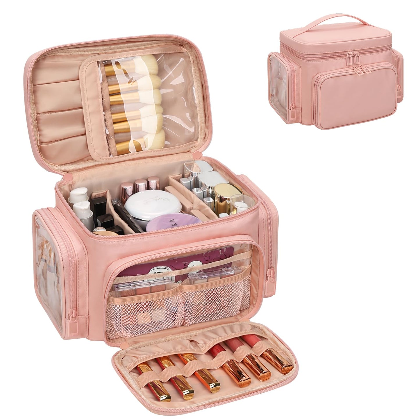 Makeup Bag Large Travel Make up Bag Organiser for Women PU Leather Toiletry Bag Portable Makeup Case with Brushes Compartments, Pink