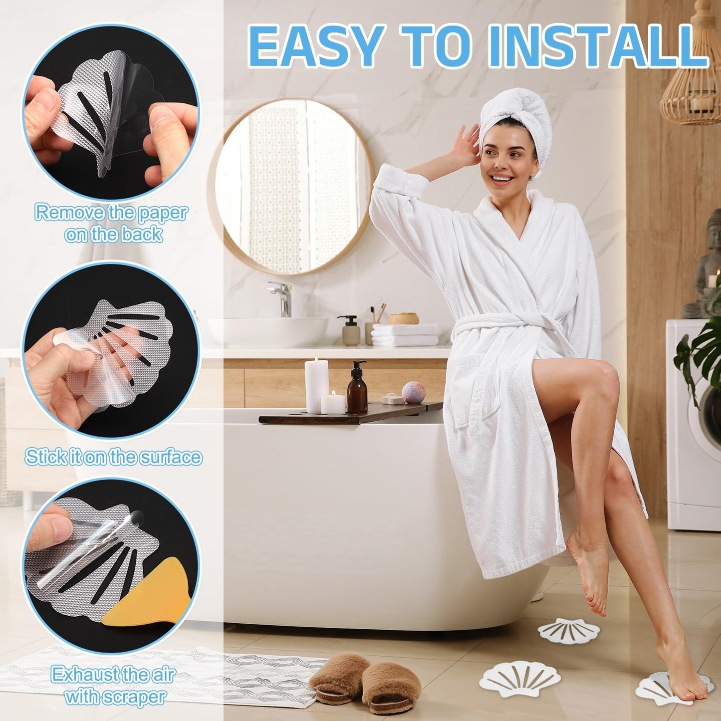 sourcing map 12Pcs Non-Slip Bathtub Stickers, 9x7 cm Shell Shape Shower Floor Non Slip Stickers with Scraper for Bathroom Shower Stairs Ladders, Black