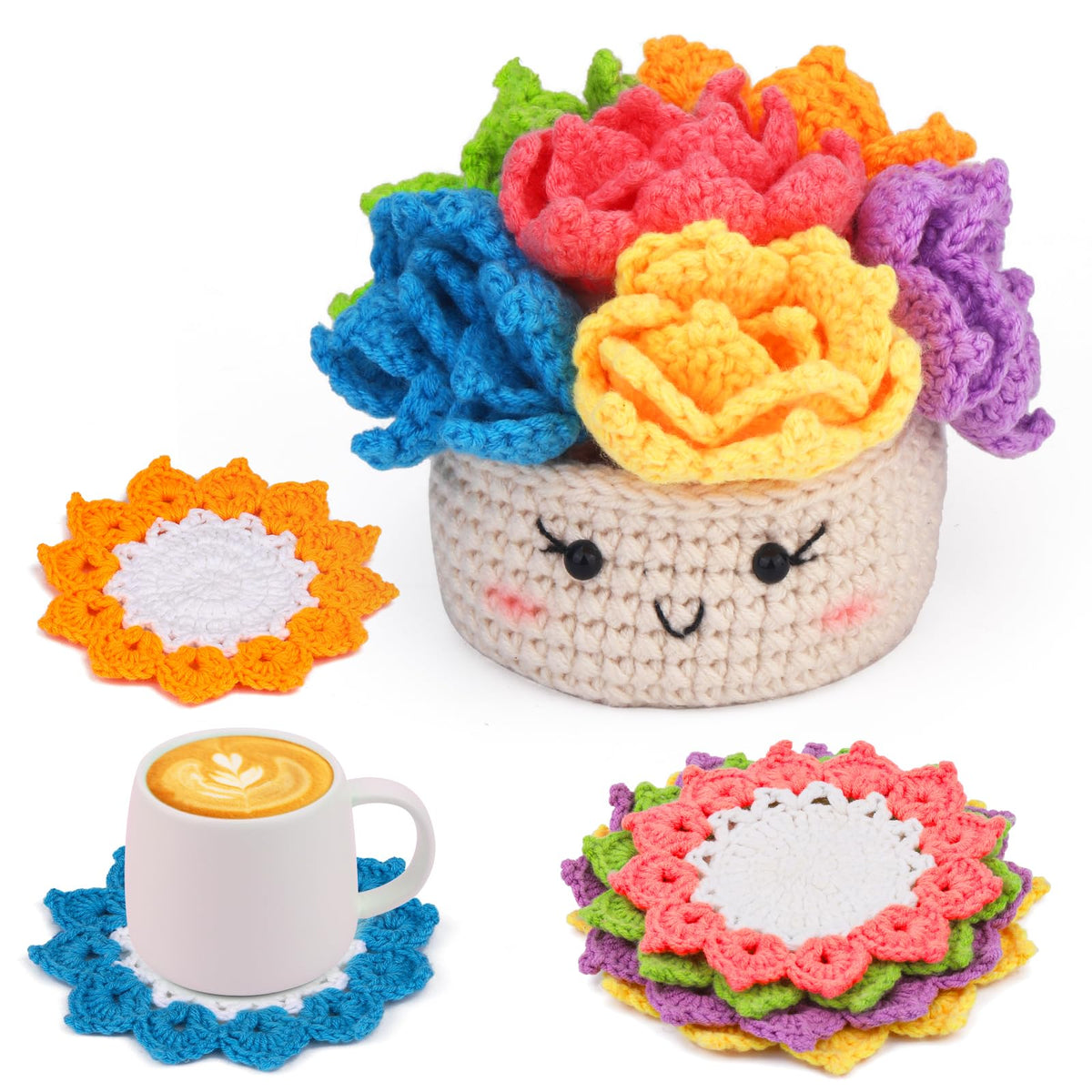 ENCHOL Crochet Kit for Beginners - 6Pcs Handmade Coasters in a Plant Pot Crochet Start Kit, Complete Beginner Crochet Kit with Yarn, Accessories,