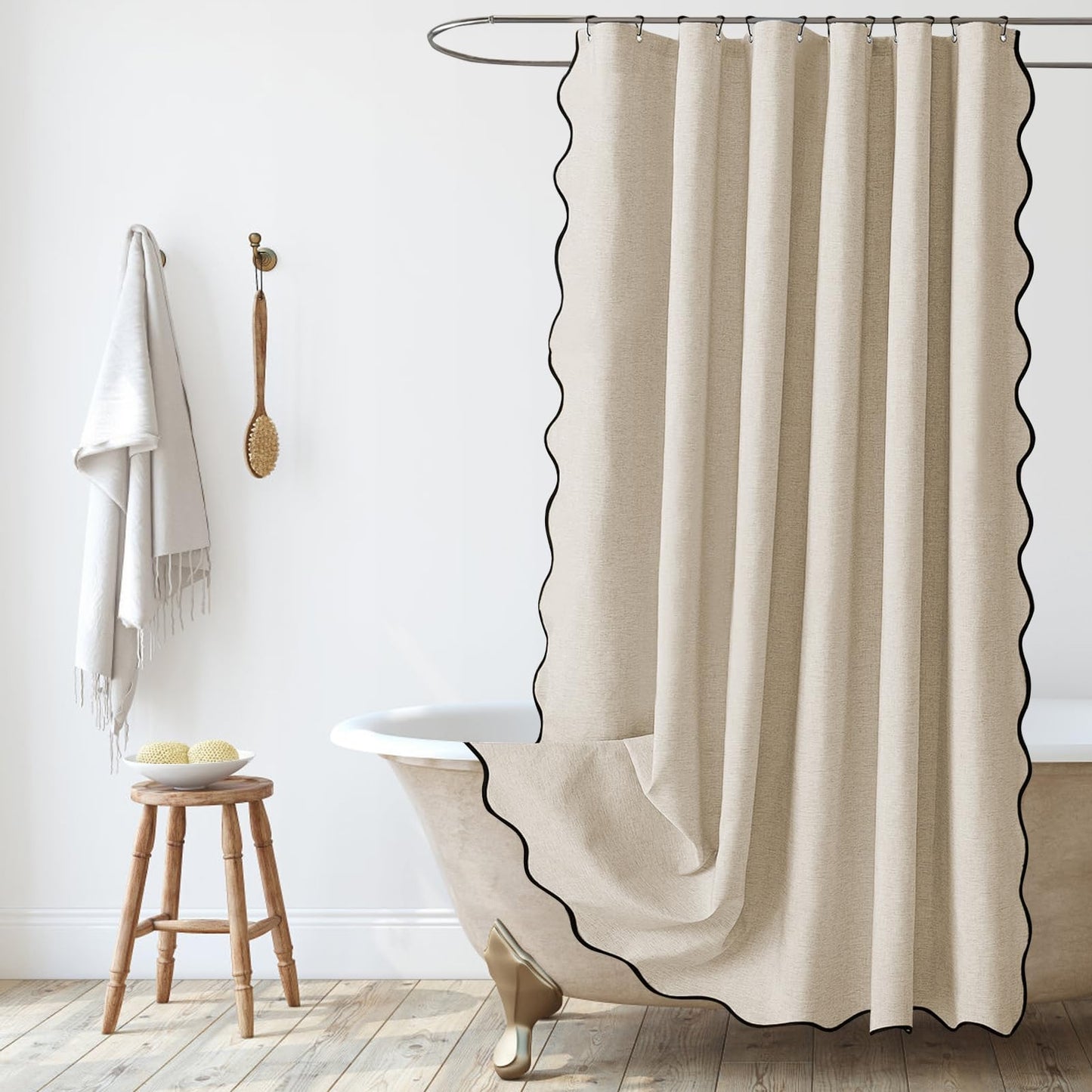 SK Studio Scalloped Shower Curtain Waterproof Linen Textured Washable Cloth Hotel Spa Bath Curtain for Bathroom with 12 Metal Hooks, Beige, 39" W x