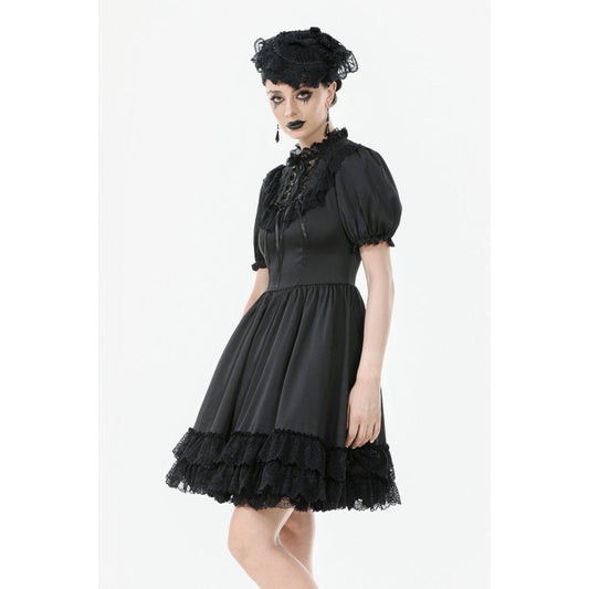 Dark in Love Belladonna Lace-Up High Collar Puff Sleeve Goth Dress in Black