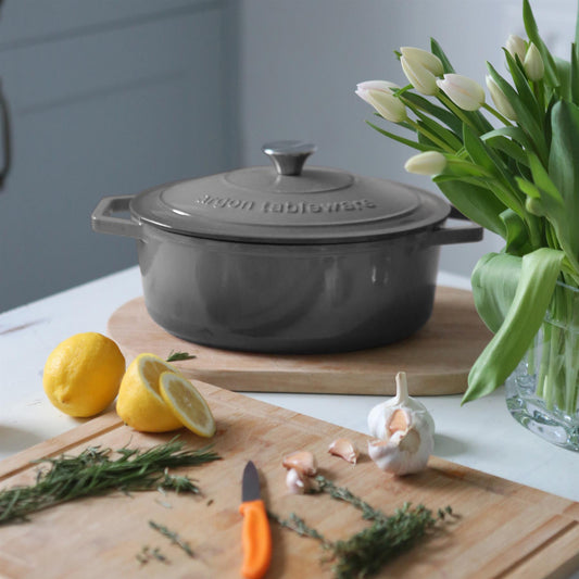4.68L Dark Grey Oval Cast Iron Casserole Dish