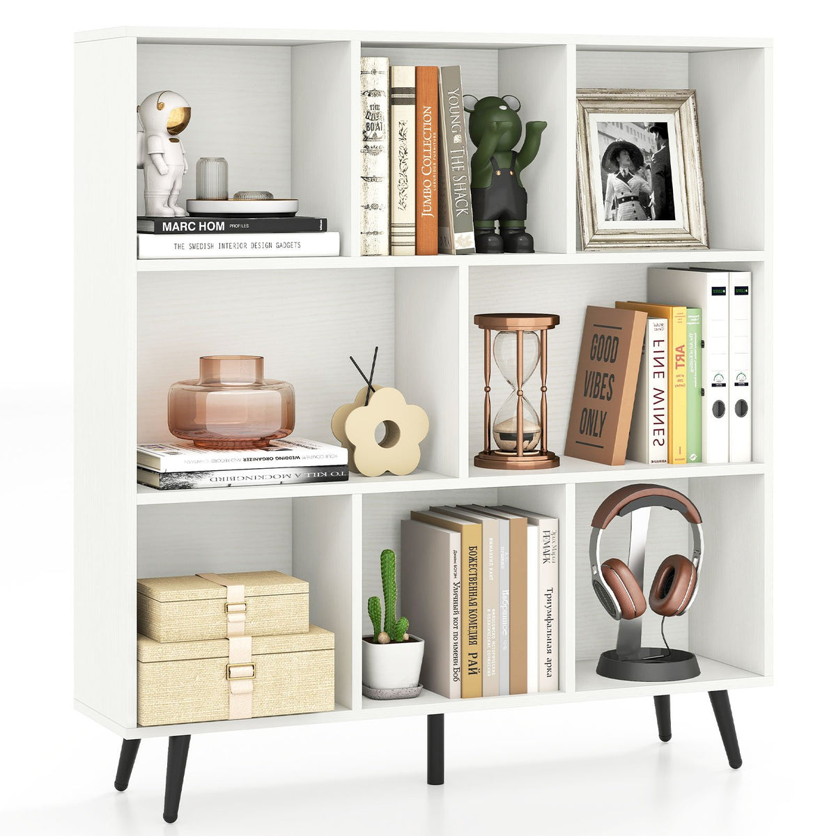 8-Cube Mid Century Modern Bookcase with 5 Tapered Metal Legs-Coffee